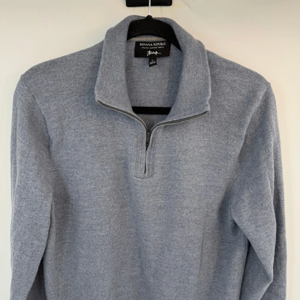 Banana Republic Italian Merino Wool Quarter Zip Sweater Mens Large Blue Gray